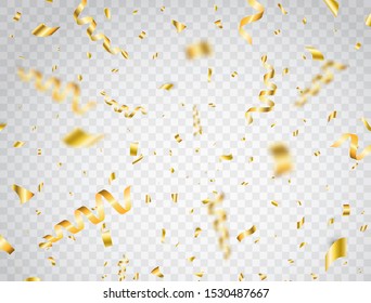 Confetti on transparent background. Falling shiny gold confetti. Bright golden festive tinsel. Birthday decoration. Holiday party design elements for web banner, flyer, invitation.Vector illustration.