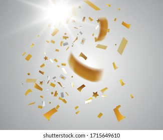 Confetti auf transparentem Hintergrund. Fallende glänzende Goldkonfetti. Helle Goldene Festtöne. Parteihintergrund. Feriendesign-Elemente für Webbanner, Poster, Flyer, Einladung. Vektorillustration illustra