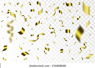 Confetti on transparent background. Falling shiny gold confetti. Bright golden festive tinsel.  Festive Falling Shiny Confetti Glitters Isolated on Transparent Checkered Background.