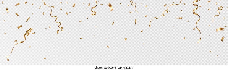 Confetti on a transparent background. Falling shiny golden confetti. Bright golden festive tinsel. Holiday design elements for web banner, poster, flyer, invitation. Vector	
