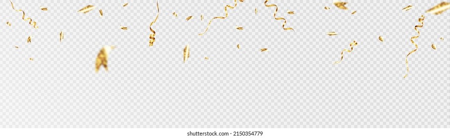 Confetti on a transparent background. Falling shiny golden confetti. Bright golden festive tinsel. Holiday design elements for web banner, poster, flyer, invitation. Vector	
