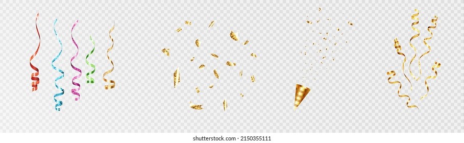 Confetti on a transparent background. Falling shiny golden confetti. Bright golden festive tinsel. Holiday design elements for web banner, poster, flyer, invitation. Vector	
