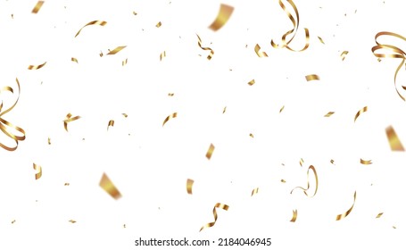 Confetti on a transparent background. Falling shiny golden confetti. Bright golden festive tinsel. Holiday design elements for web banner, poster, flyer, invitation. Vector