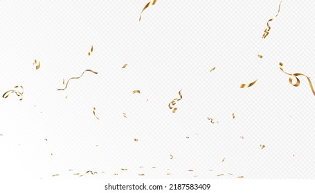Confetti on a transparent background. Falling shiny golden confetti. Bright golden festive tinsel. Holiday design elements for web banner, poster, flyer, invitation. Vector