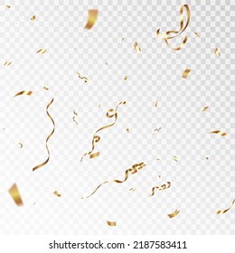 Confetti on a transparent background. Falling shiny golden confetti. Bright golden festive tinsel. Holiday design elements for web banner, poster, flyer, invitation. Vector