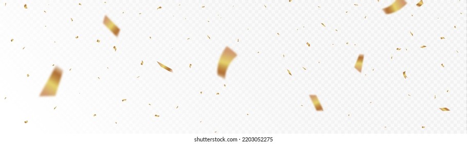 Confetti on a transparent background. Falling shiny golden confetti. Bright golden festive tinsel. Festive design elements for web banner, poster, flyer, invitation