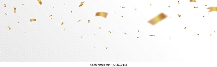 Confetti on a transparent background. Falling shiny golden serpentine. Bright golden festive tinsel. Festive design elements for web banner, poster, flyer, invitation.