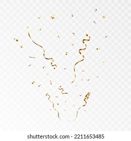 Confetti on a transparent background. Falling shiny golden serpentine. Bright golden festive tinsel. Festive design elements for web banner, poster, flyer, invitation.