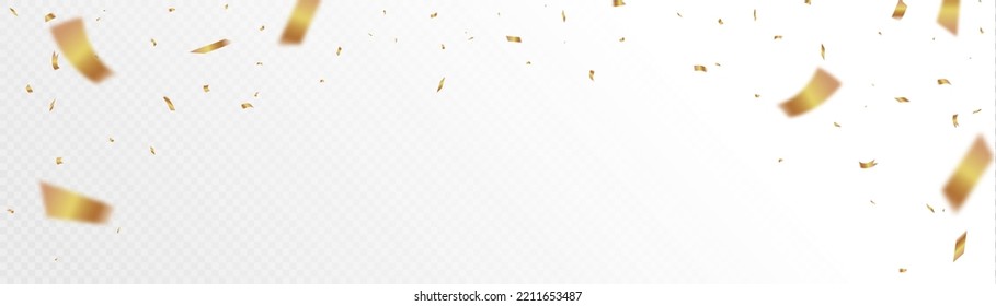 Confetti on a transparent background. Falling shiny golden serpentine. Bright golden festive tinsel. Festive design elements for web banner, poster, flyer, invitation.