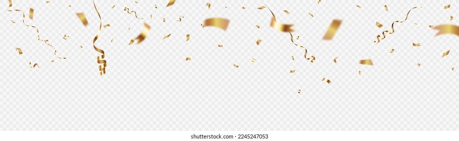 Confetti on a transparent background. Falling shiny golden confetti. Bright golden festive tinsel. Holiday design elements for web banner, poster, flyer, invitation. Vector	
