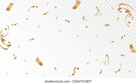 Confetti on a transparent background. Falling shiny golden confetti. Bright golden festive tinsel. Holiday design elements for web banner, poster, flyer, invitation. Vector	
