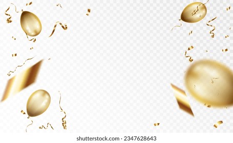 Confetti on a transparent background. Falling shiny golden confetti. Bright golden festive tinsel. Holiday design elements for web banner, poster, flyer, invitation. Vector	
