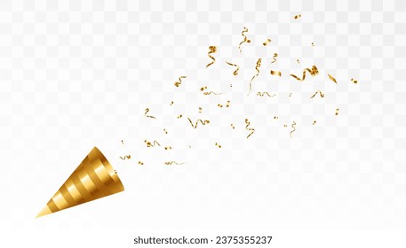 Confetti on a transparent background. Falling shiny golden confetti. Bright golden festive tinsel. Holiday design elements for web banner, poster, flyer, invitation. Vector	
