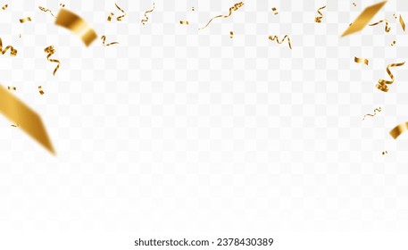 Confetti on a transparent background. Falling shiny golden confetti. Bright golden festive tinsel. Holiday design elements for web banner, poster, flyer, invitation. Vector	

