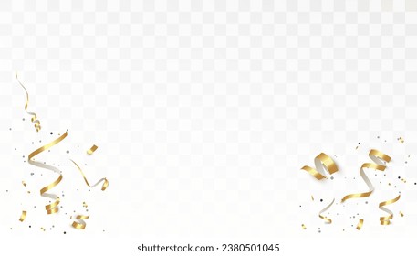 Confetti auf transparentem Hintergrund. Fallende glänzende Goldkonfetti. Helle Goldene Festtöne. Feriendesign-Elemente für Webbanner, Poster, Flyer, Einladung. Vektorgrafik	
