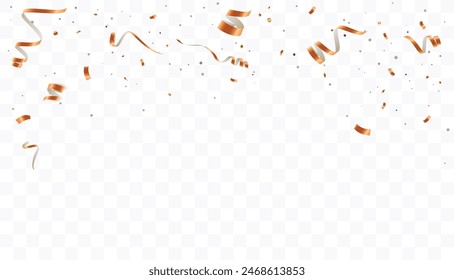 Confetti on a transparent background. Falling shiny golden confetti. Bright golden holiday tinsel. Holiday design elements for web banner, poster, flyer, invitation. Vector 10 EPS	
