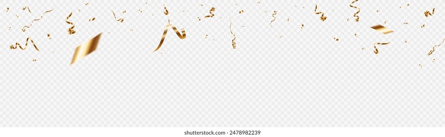 Confetti on a transparent background. Falling shiny golden confetti. Bright golden holiday tinsel. Holiday design elements for web banner, poster, flyer, invitation. Vector 10 EPS