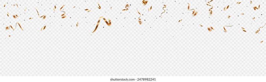 Konfetti auf einem transparenten Hintergrund. Fallen glänzende goldene Konfetti. Helles goldenes Urlaubsflitter. Festliche Musik Design-Elemente für Web Banner, Poster, Flyer, Einladung. Vektorgrafik 10 EPS