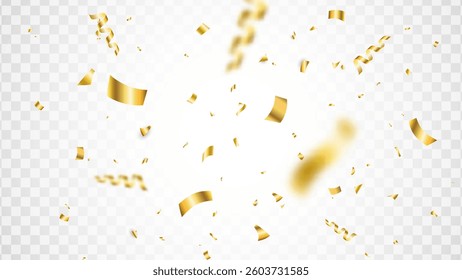 Confetti on transparent background. Falling shiny gold confetti. Bright golden festive tinsel. Party backdrop. Holiday design elements for web banner, poster, flyer, invitation. Vector illustration.