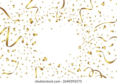 Confetti on a white background. Falling shiny golden confetti. Bright golden holiday tinsel. Holiday design elements for web banner, poster, flyer, invitation. Vector 10 EPS 