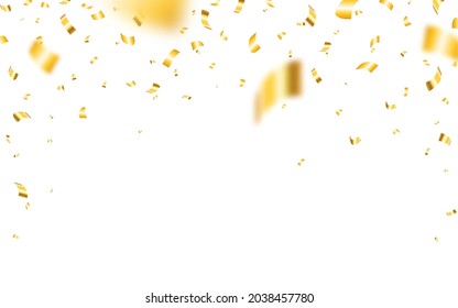 Confetti auf weißem Hintergrund. Realistische Weihnachtskonfetti. Fallende gelbe Elemente. Fliegender glänzender Tinkel. Jubiläumsvorlage für Grußkarte oder Website. Vektorgrafik.