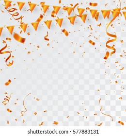 Confetti Orange And Flag Ribbons, Celebration Background Template.