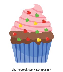 Confetti over a cupcake in a pink cream denoting an idea of party cupcake 
