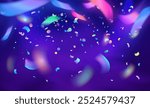 Confetti overlay on purple background. Flying shining rainbow ribbon, serpentine and tinsel. Festive horizontal banner. Concept of birthday, Christmas celebration. Carnival. Vector illustration.