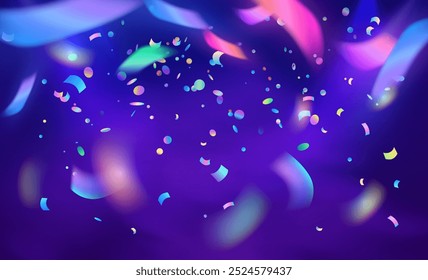 Confetti sobreposição em fundo roxo. Voando brilhante arco-íris fita, serpentina e tinsel. Banner horizontal festivo. Conceito de aniversário, celebração de Natal. Carnaval. Ilustração vetorial.