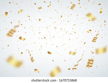 Confetti Overlays. Gold Confetti Party Celebration Background With Ribbons And Particles.