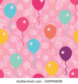 Confetti Party Balloons Seamless Vector Pattern with Balloons, Stars, Crosses, Polka Dots and Arrows in Pink, Blue, Green, Yellow, Purple and Orange. Perfect For Card-Making, Textiles and Fabric.