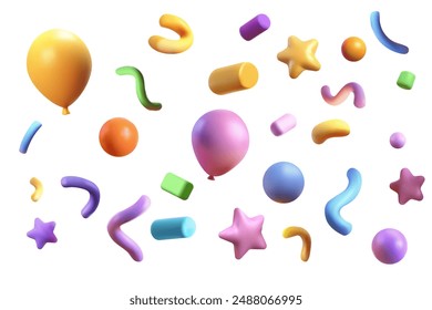 Confetti party clapper 3d vector, shapes. Birthday or carnival fireworks or popper paper streamers, star and elements for greeting design. Multicolored