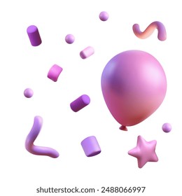 Confetti party clapper 3d vector, shapes. Birthday or carnival fireworks or popper paper streamers, star and elements for greeting design. purple, pink