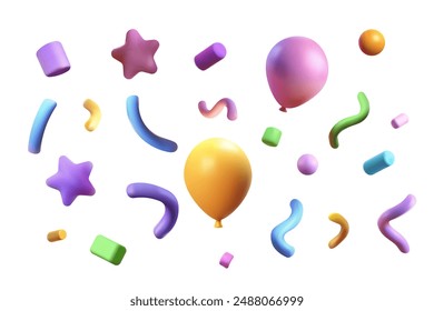 Confetti party clapper 3d vector, shapes. Birthday or carnival fireworks or popper paper streamers, star and elements for greeting design. Star, balloon