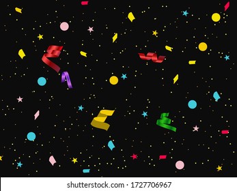 Confetti party of colorful ribbon shapes for birthday, gift or invitation on black background