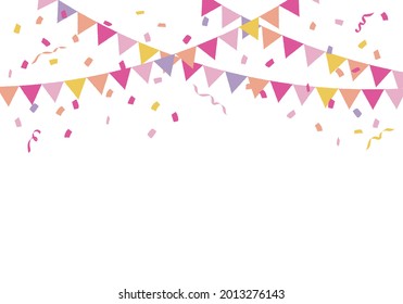 Confetti and party flags, garland, triangular flags, pink