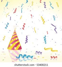 Confetti and Party hat on reflective surface and yellow gradient background. Elements on separate layers for easy editing.