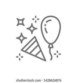 Confetti party popper with balloon line icon.