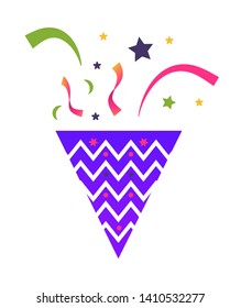Confetti party popper, birthday exploding party with star, ribbons, striped paper. Vector cartoon illustration of celebration symbol emoji isolated