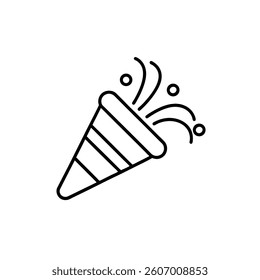 Confetti and Party Popper Icon Outline Vector Design on White Background. birthday party popper vector illustration
