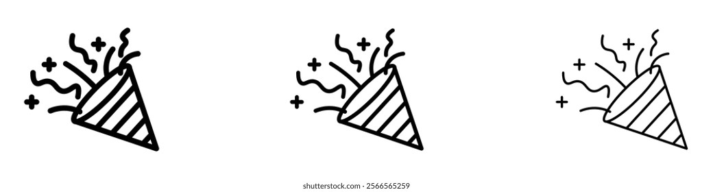 Confetti party popper icon in tree different line stroke sizes.
