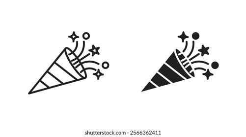 Confetti party popper icons in line stroke and flat versions