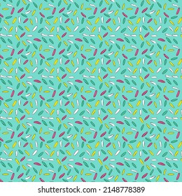 Confetti, pattern, colored glaze. Desktop wallpaper, pattern on fabric, background. Donuts with icing and sprinkles, desserts, cakes. Vector pattern.