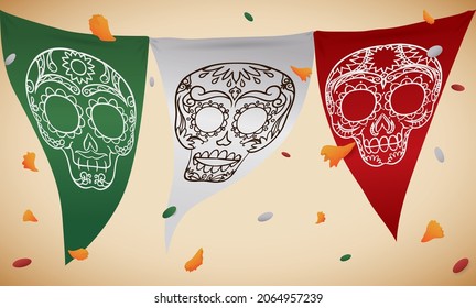 Confetti and petals shower over pennants with traditional skulls and Mexican colors, for Day of the Dead celebration.