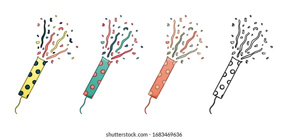 Confetti petards set isolated illustration for holiday party. Colored and graphic. White background, vector.