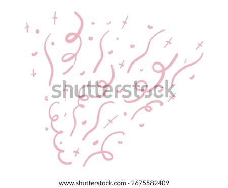 Confetti pink firework burst. Line hand drawn design with ribbons and sparkles. Coquette core aesthetic.