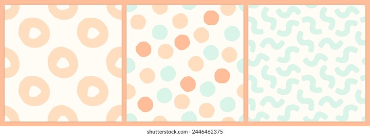 Confetti polka dot and squiggles seamless pattern set in a pastel color palette. Abstract shapes minimalist muted pastel party background.