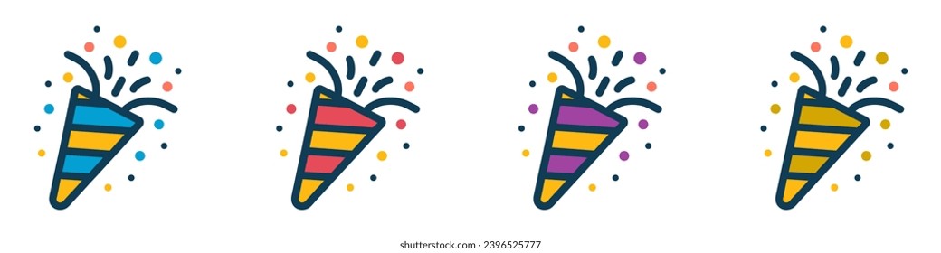 Confetti Popper Colored Line Icons Set. Vector illustration