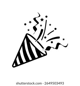 Icono plano del popper del confeti. Firecracker, Ilustración vectorial del icono de los fuegos artificiales