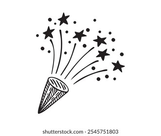 Confetti popper hand drawn doodle outline icon. Confetti popper line clipart isolated on white background. Decoration of holidays and party. Vector illustration